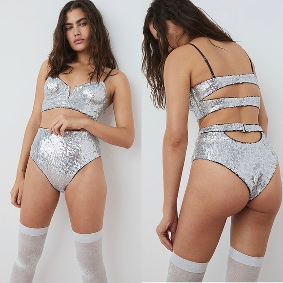 FOR LOVE & LEMONS Silver Sequin High Waisted panty - Picture 1 of 10